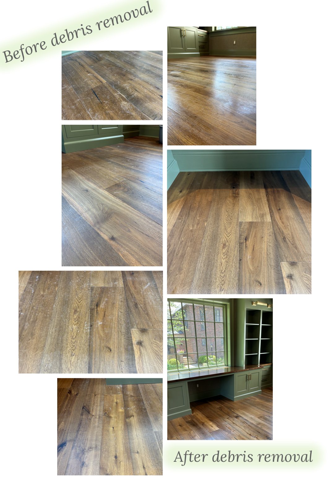 Floor debris removal before and after post-construction cleaning